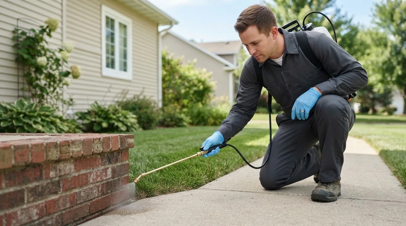 Pest control technician treating a home near Filer City, MI