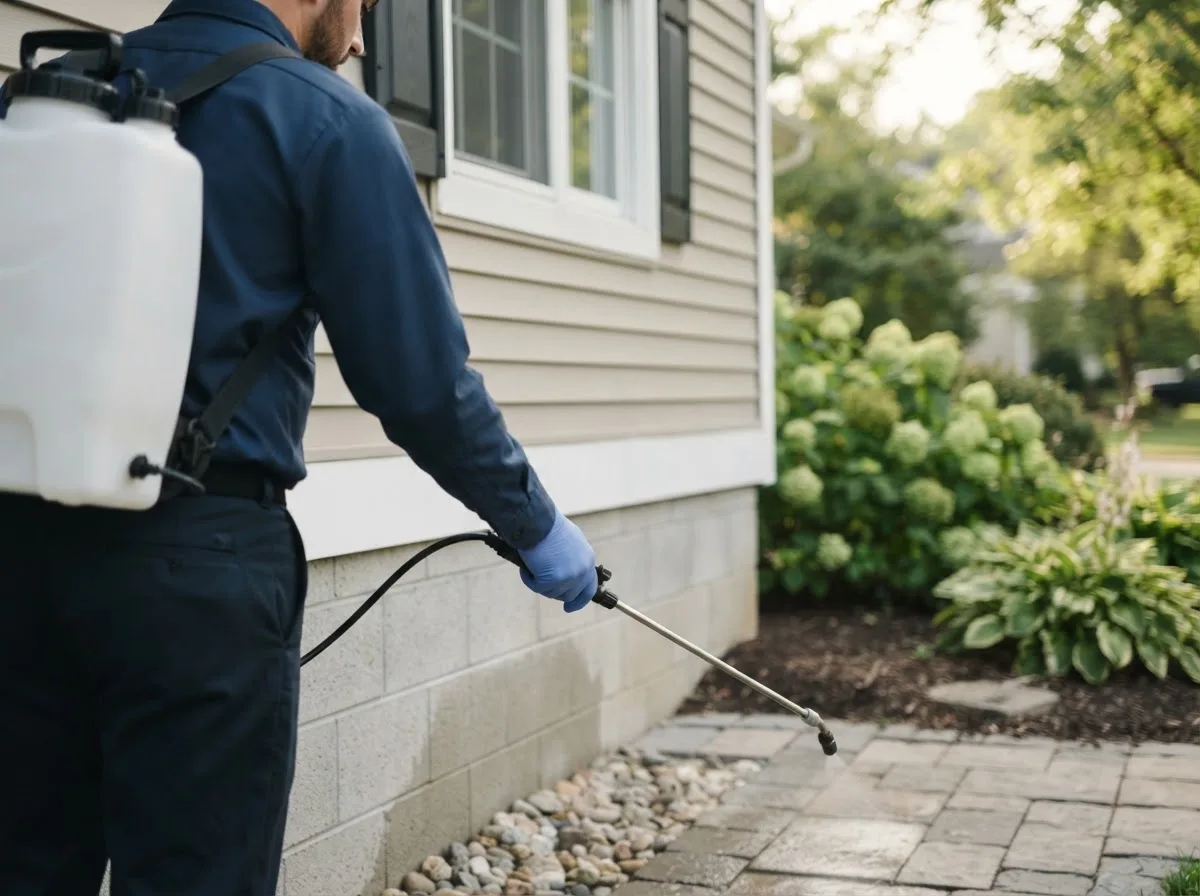 Pest control technician inspecting a home in Filer City, MI